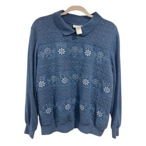 Alfred Dunner Blue Floral Collar Neck Sweater | Women's Size L | Grandmacore